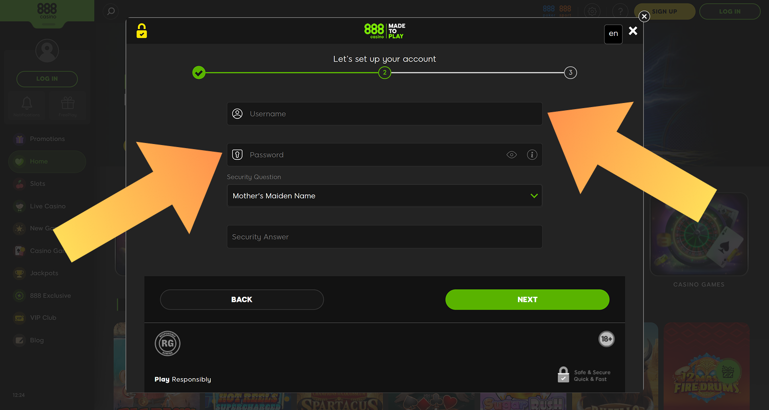 Create a username and password to register at 888casino