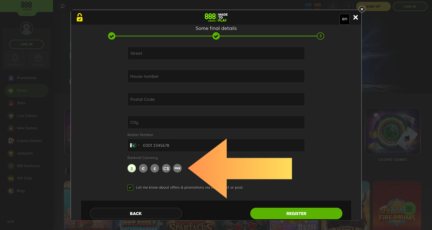 Select your currency for registration at 888casino