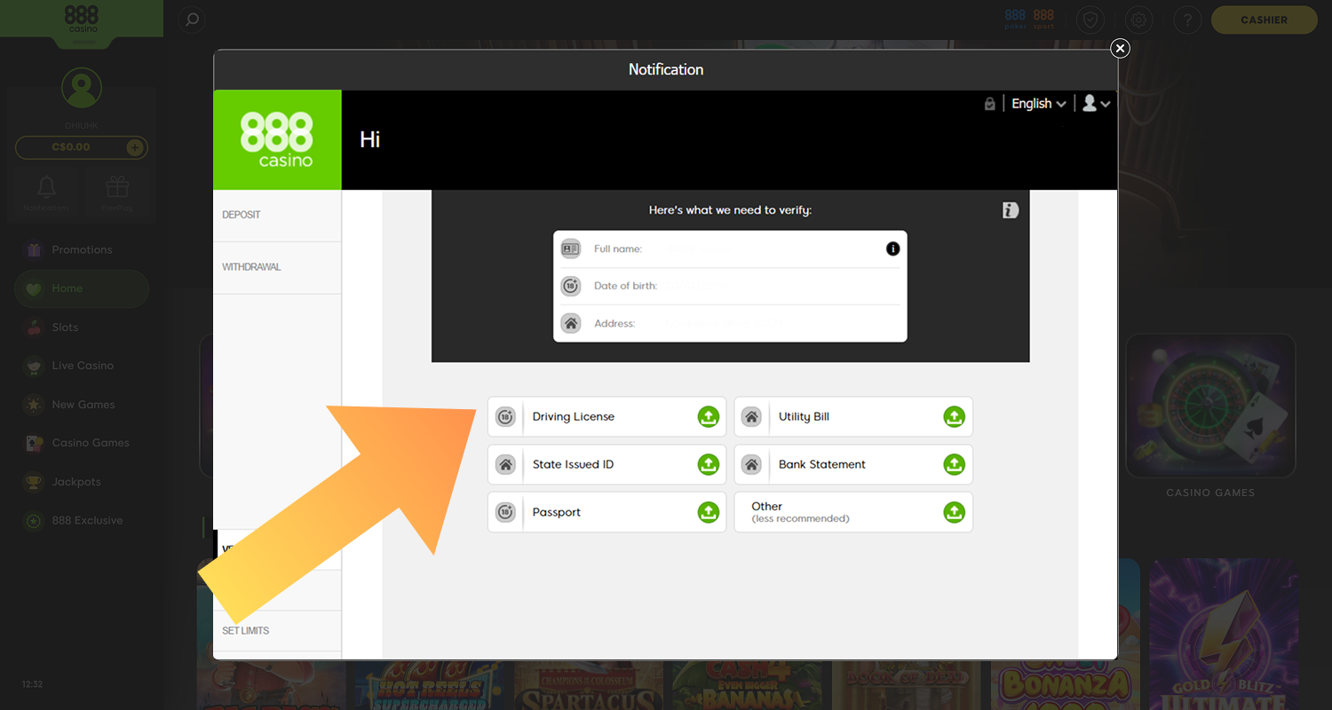 Upload documents to verify your 888casino account
