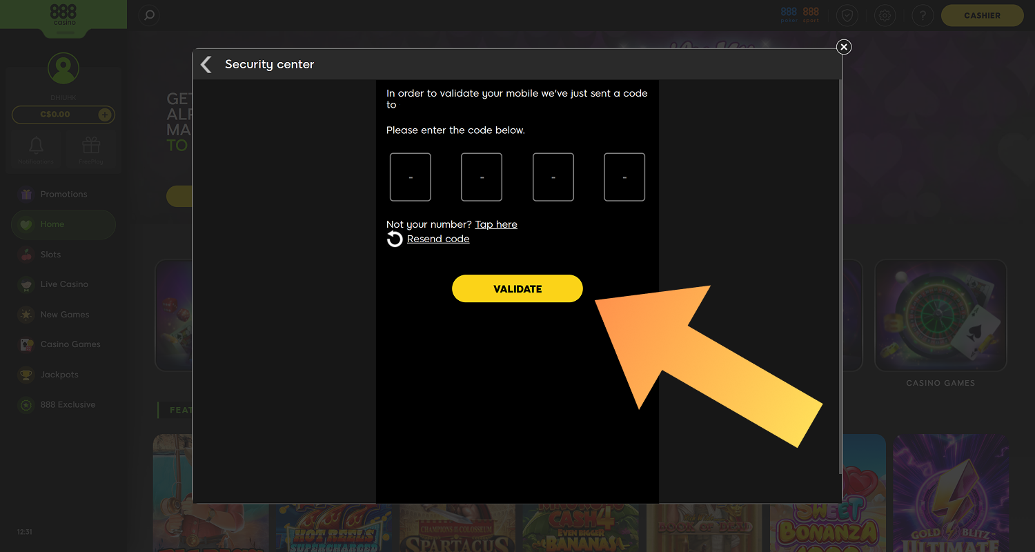 Verify your phone number in your 888casino account