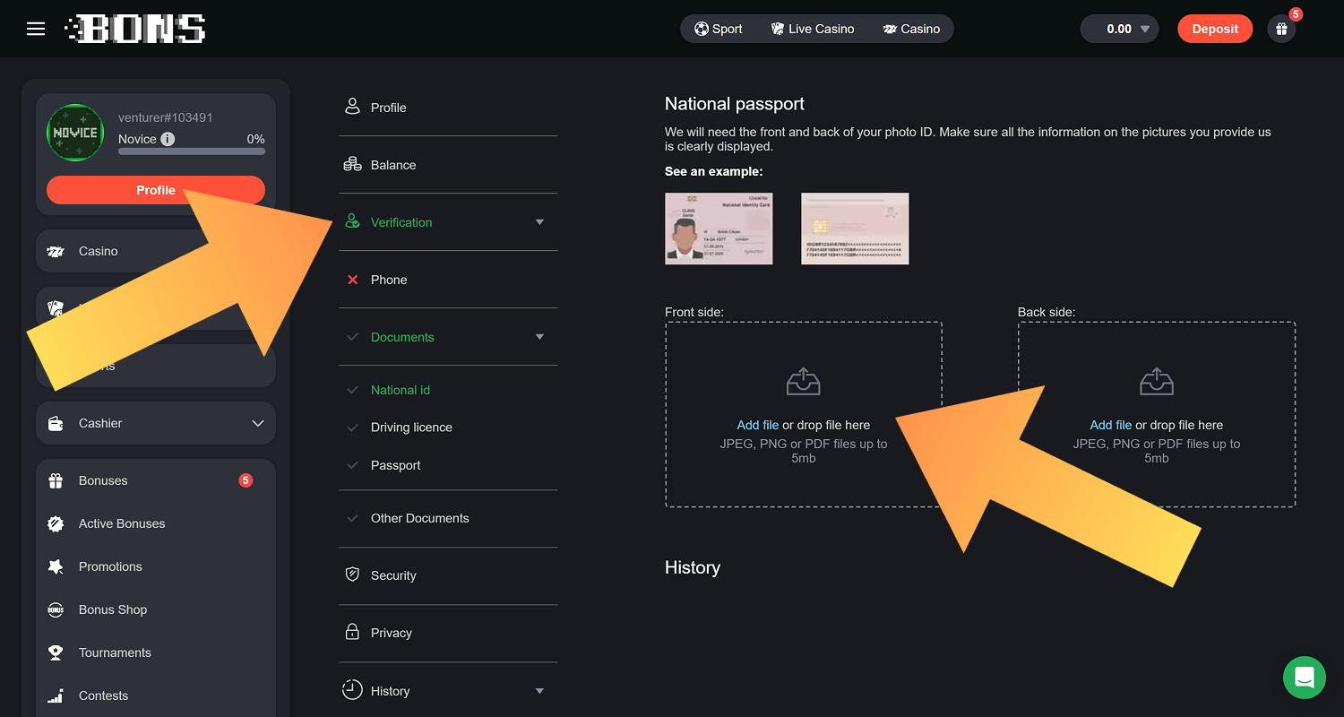 Verify your Bons Casino account by providing documents