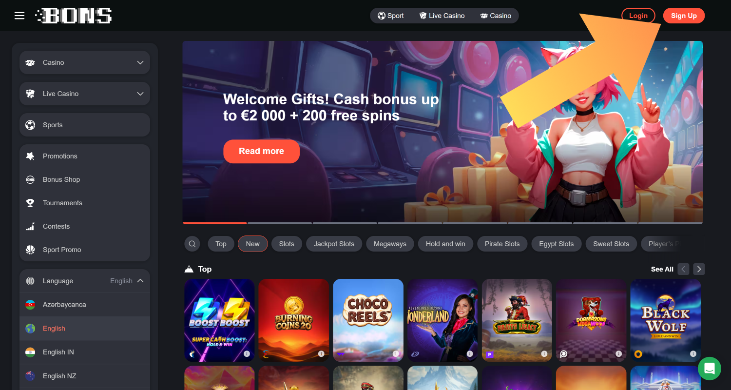 Click the Register button to create an account at Bons Casino