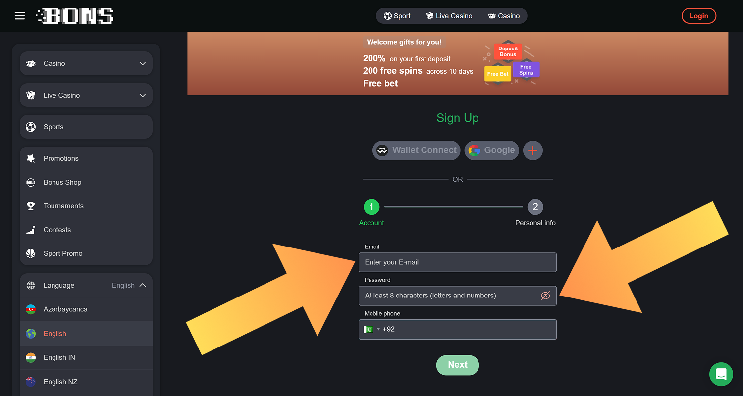 Fill out the registration form at Bons Casino