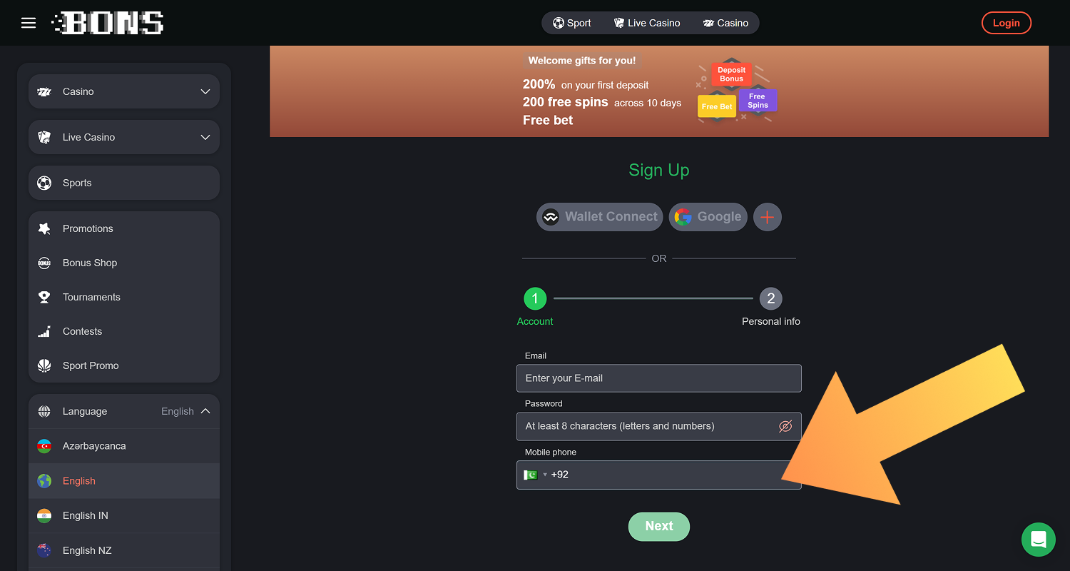 Enter your phone number to register at Bons Casino