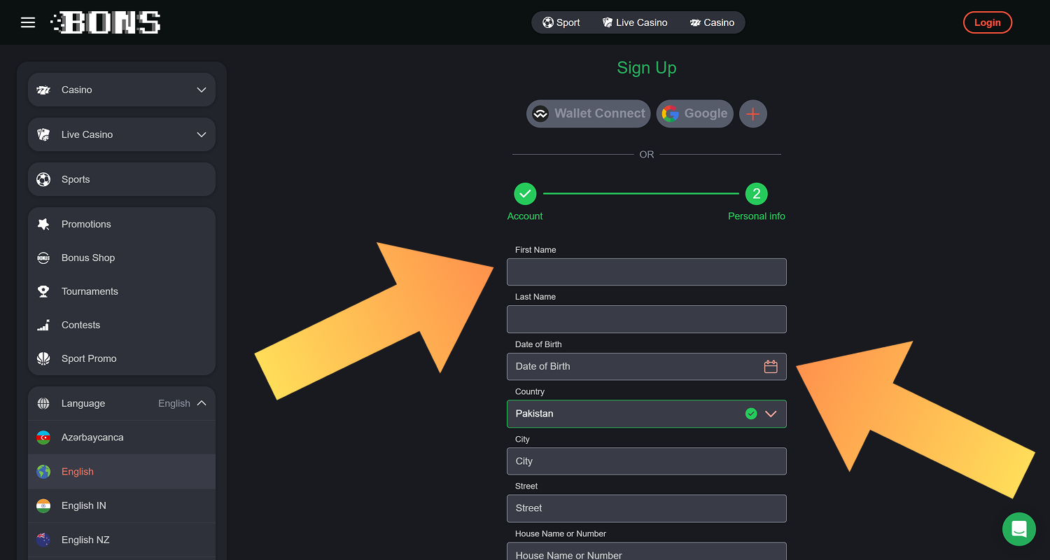 Provide your personal information to register at Bons Casino