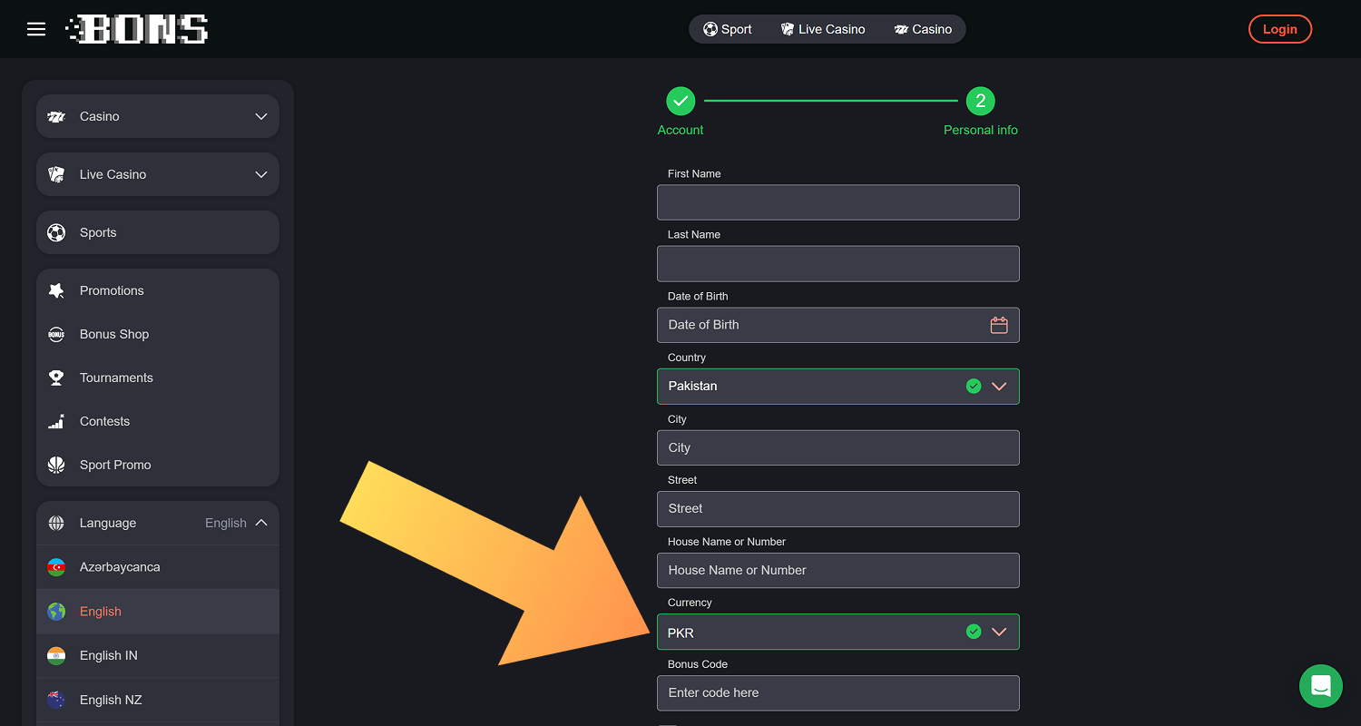 Select your currency for registration at Bons Casino