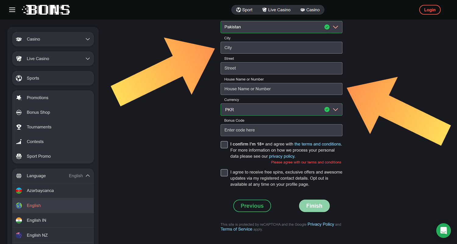 Fill in your address to register at Bons Casino