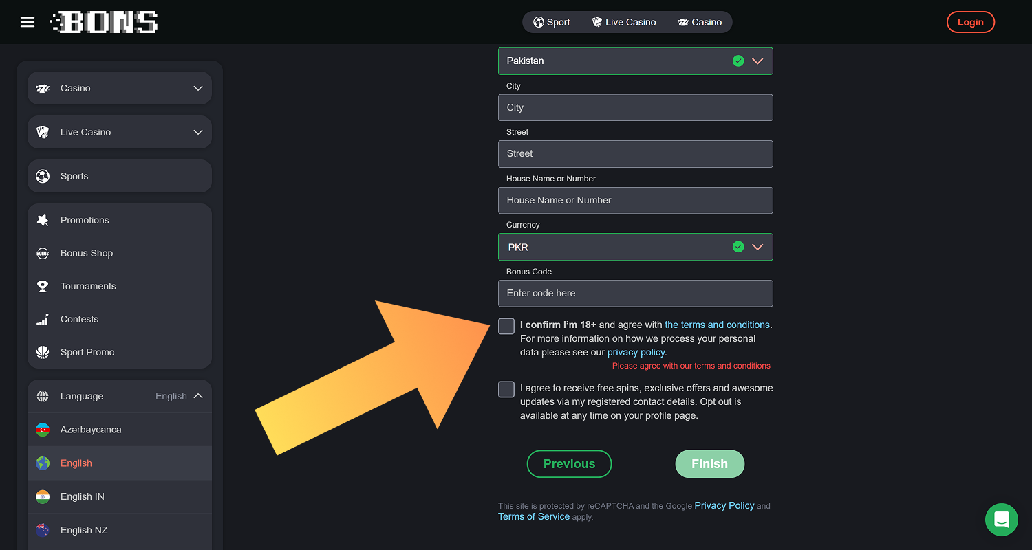 Agree to the terms and conditions to register at Bons Casino