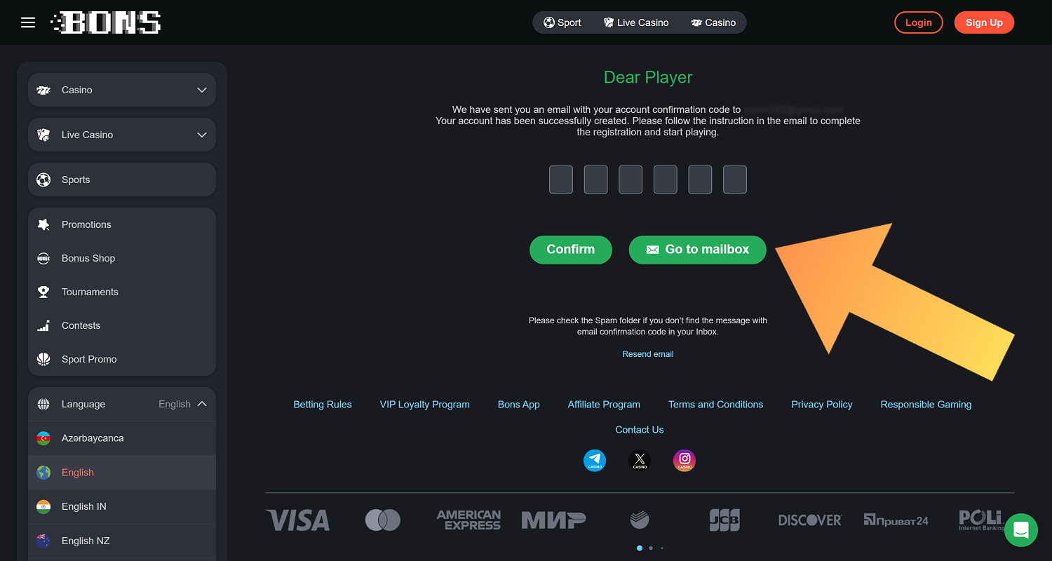 Activate your account at Bons Casino