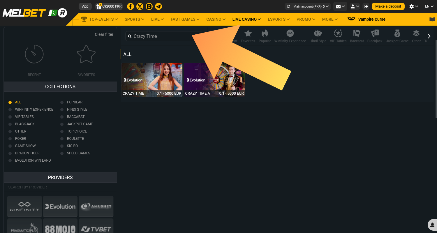 Find the Crazy Time game in the casino catalog