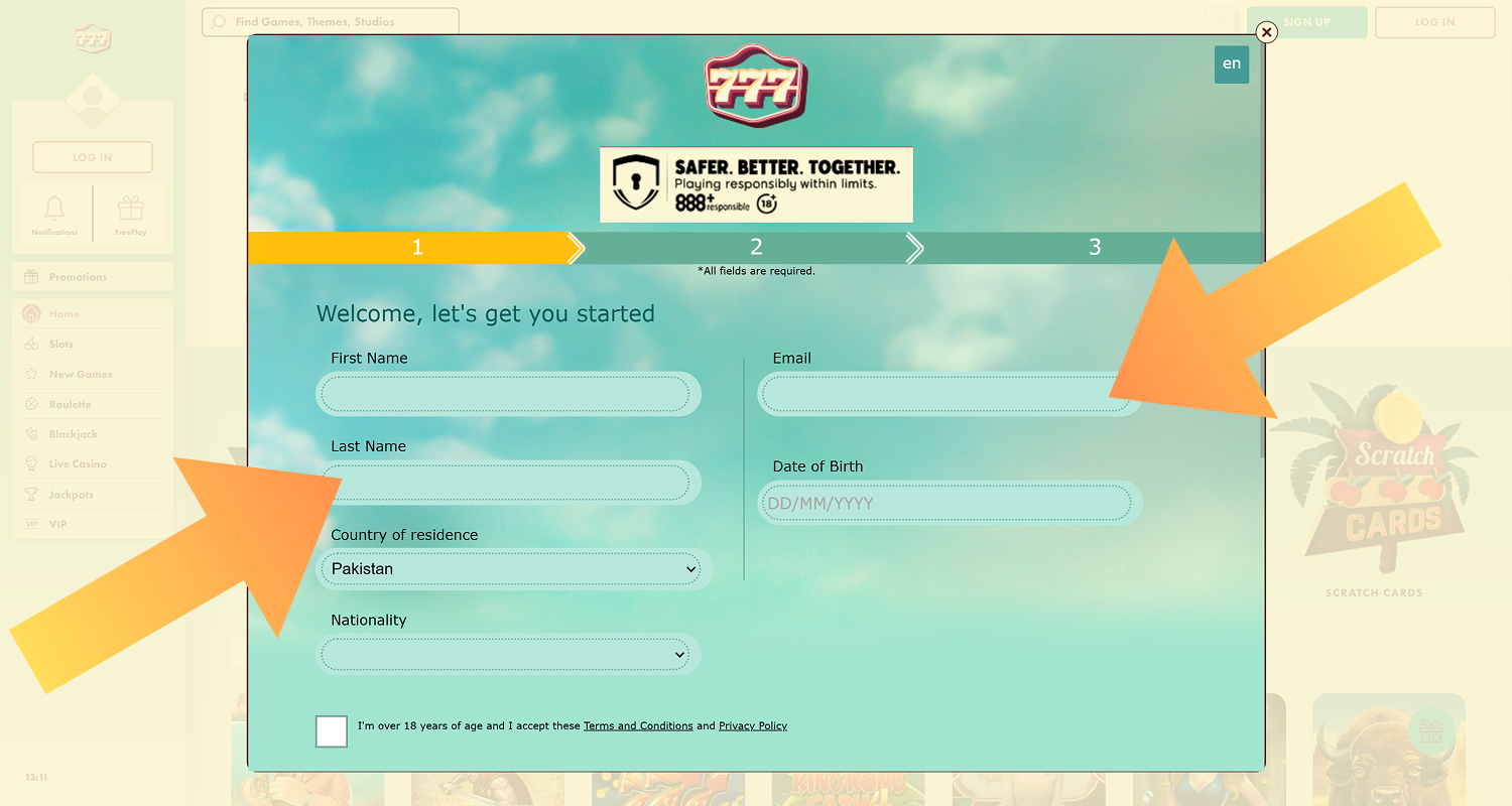 Fill out the registration form at 777 Casino