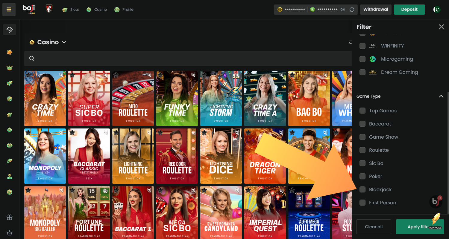 Head to the Blackjack section to start playing Live Blackjack in Pakistan