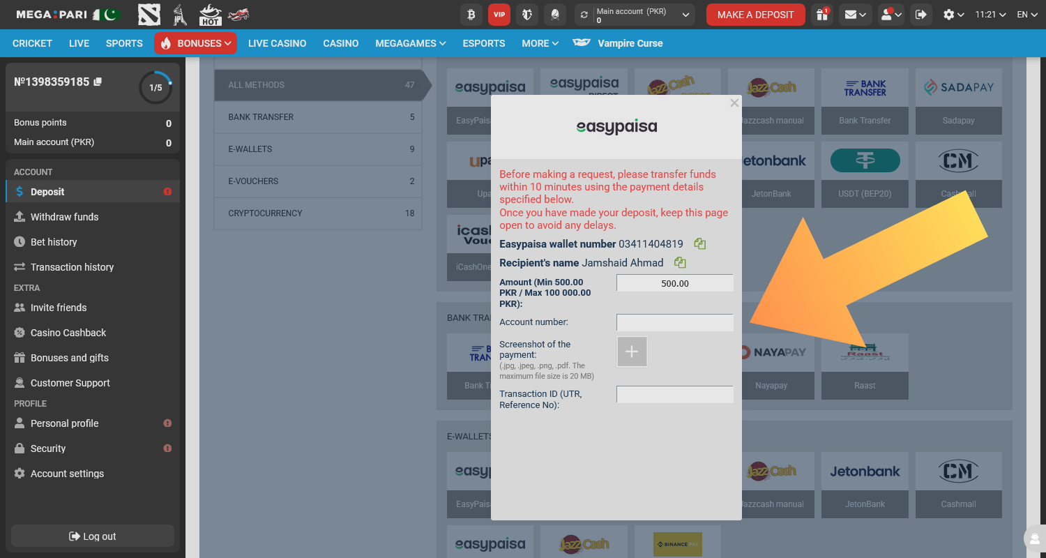 Fund your casino account to play Live Game Shows