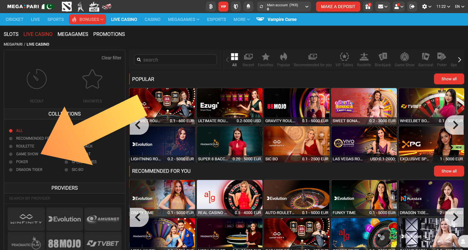 Go to the Live Game Shows section on the casino website