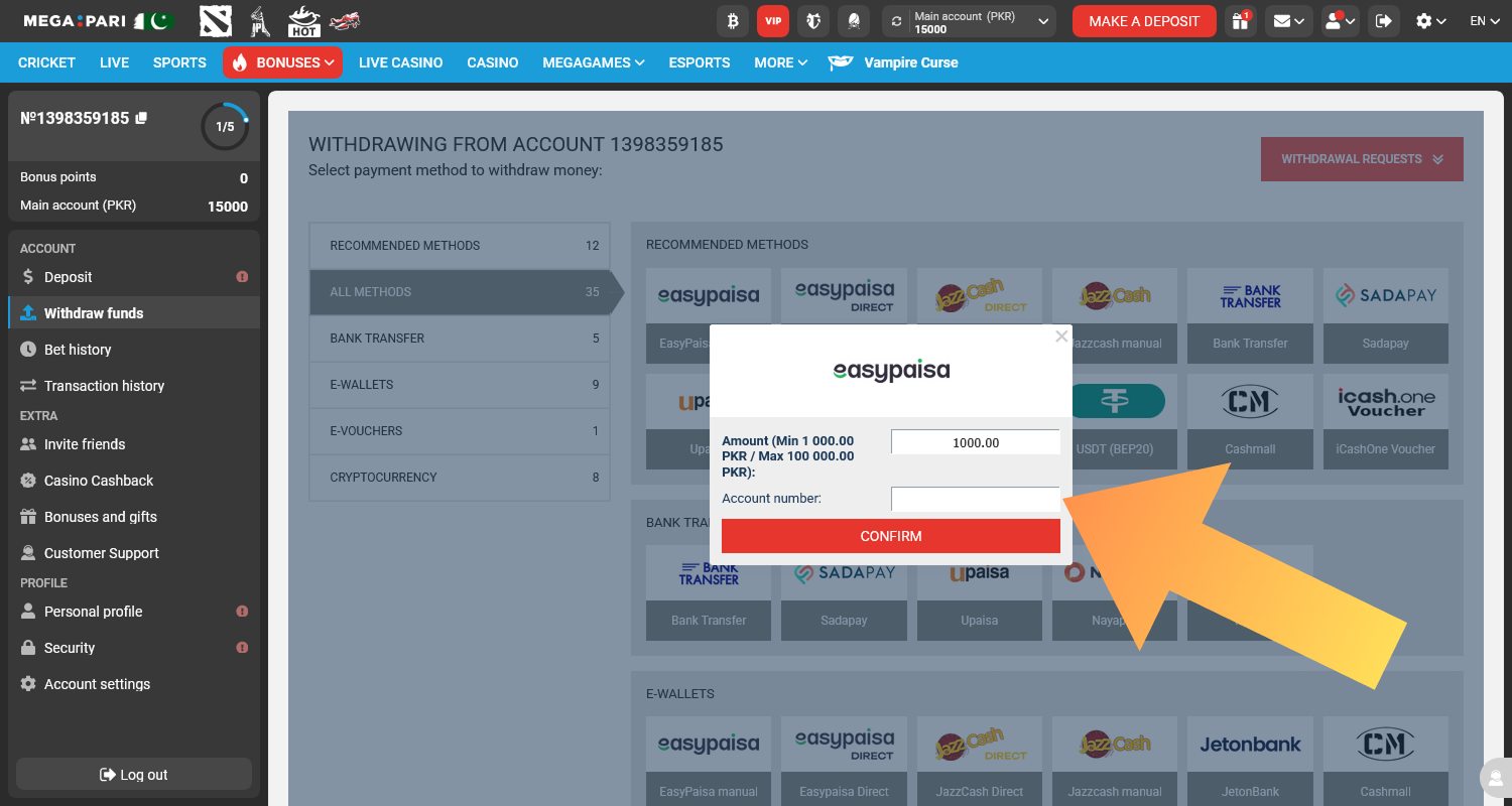 Withdraw your winnings in the Live Game Show