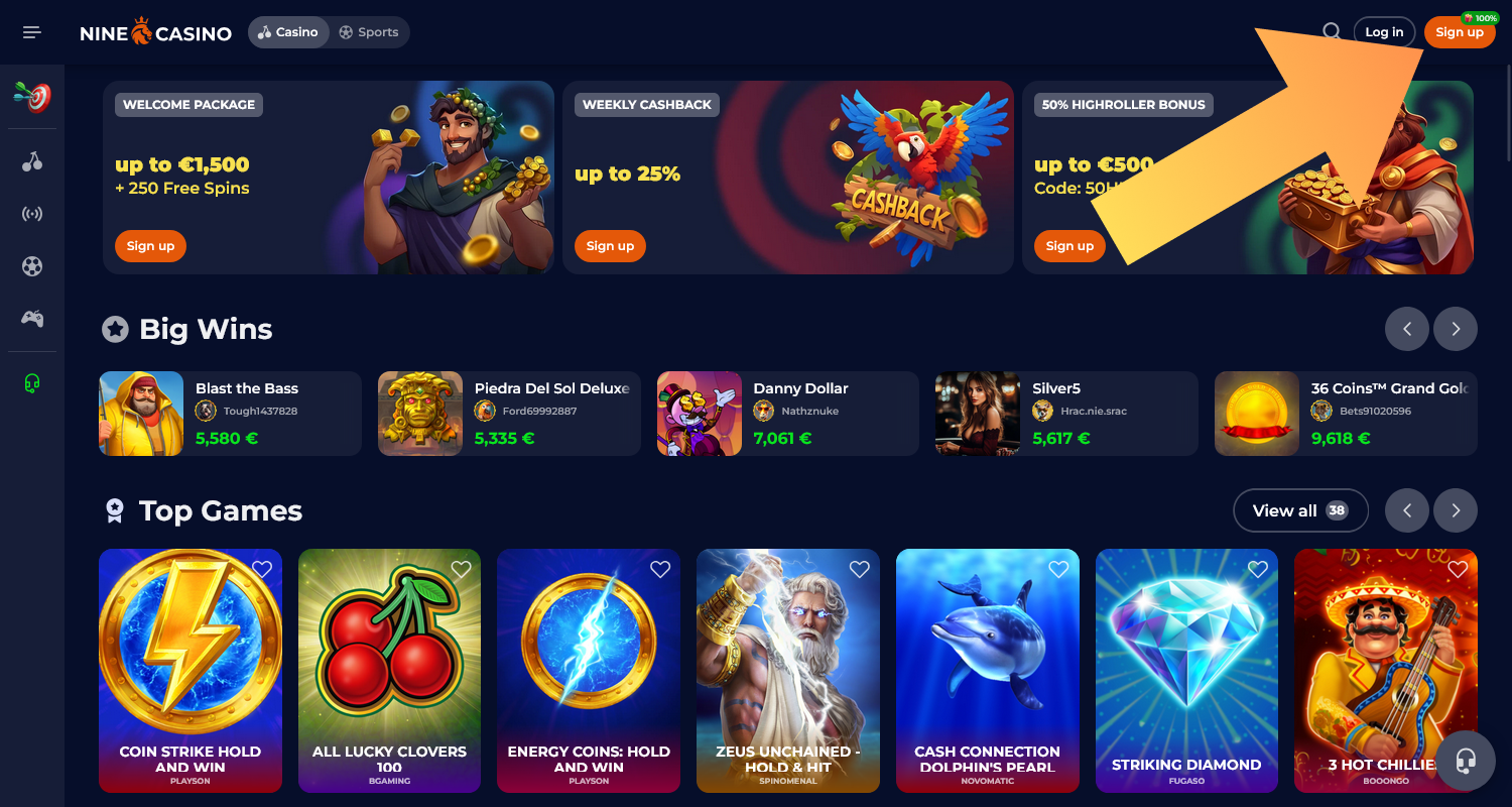 Click the Register button on the Nine Casino website to create an account