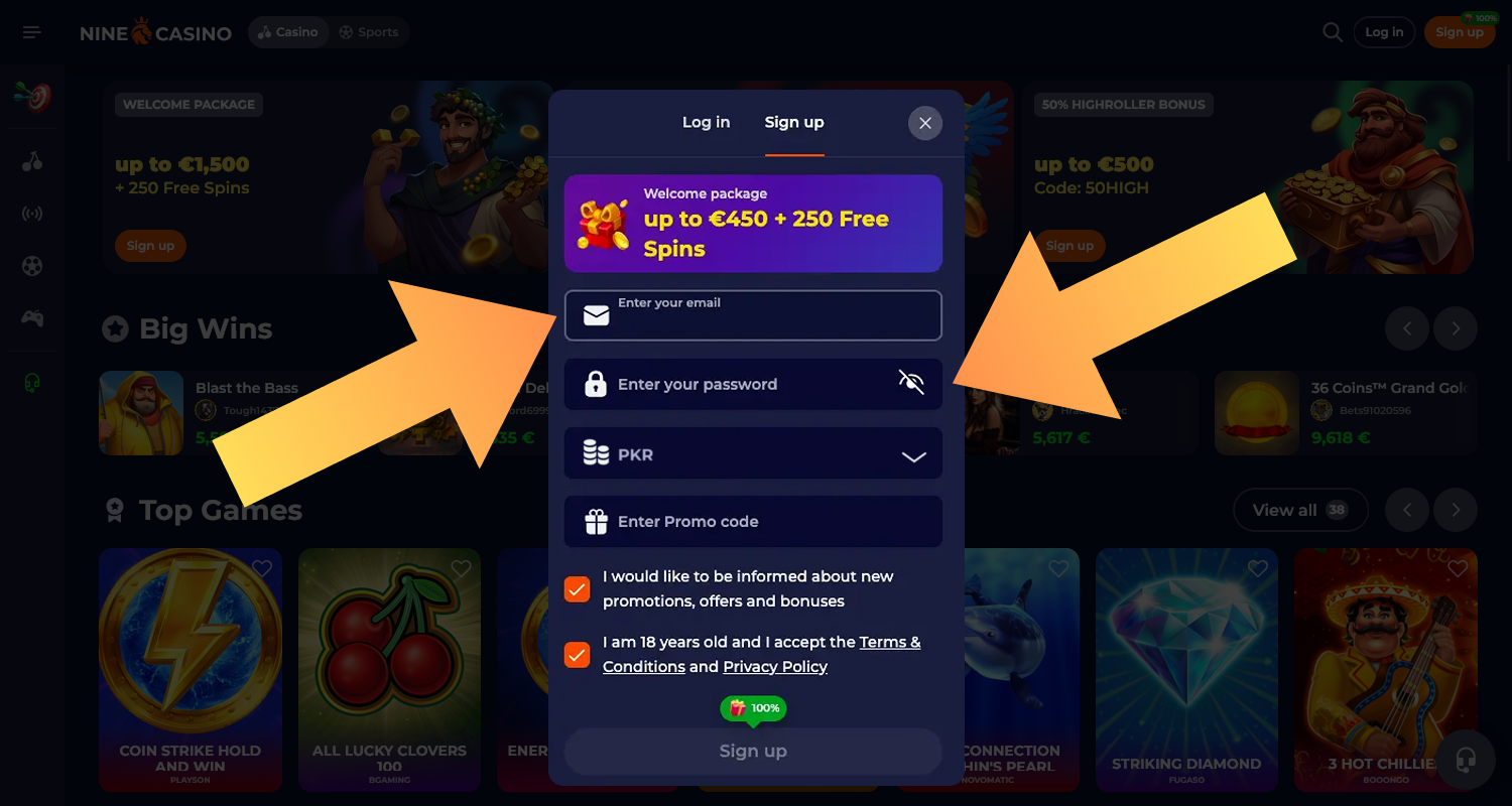Complete the registration form to create a Nine Casino account