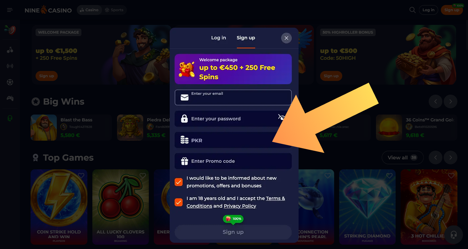 Select a currency to create a Nine Casino account