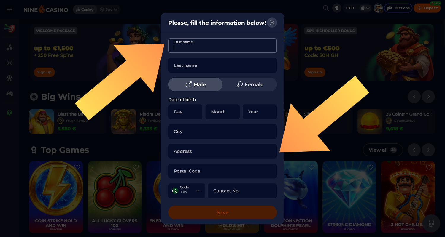 Fill in your personal information in your Nine Casino account