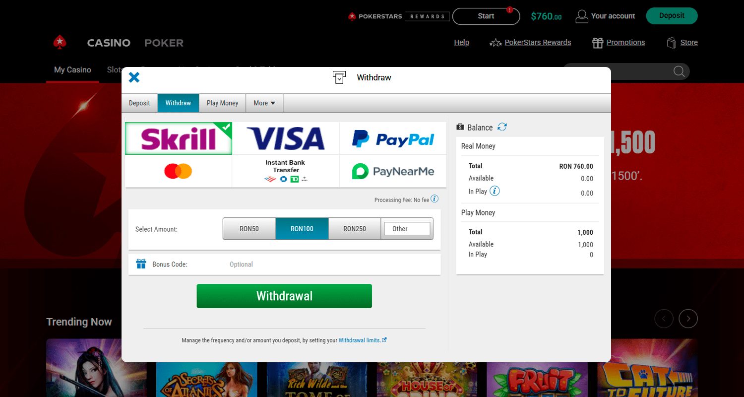 Pentru a retrage bani din Skrill, accesați