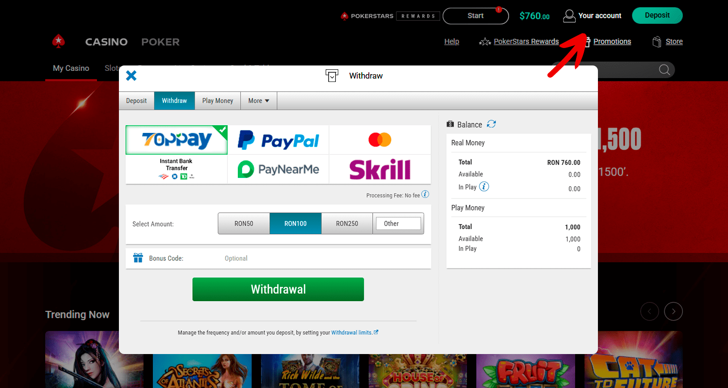 Pentru a retrage bani utilizând TopPay, mergeți la secțiunea