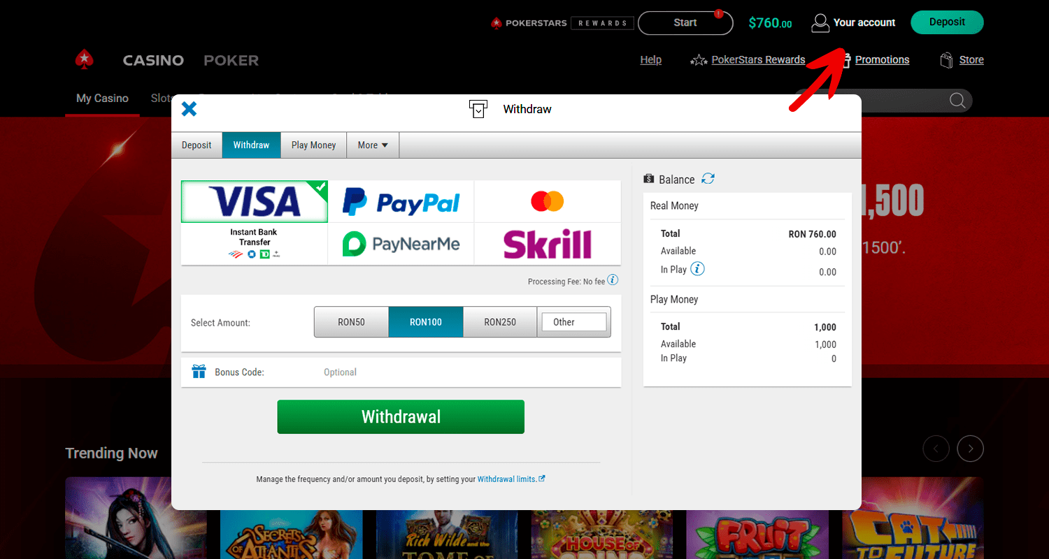 Pentru a retrage bani utilizând Visa, mergeți la secțiunea