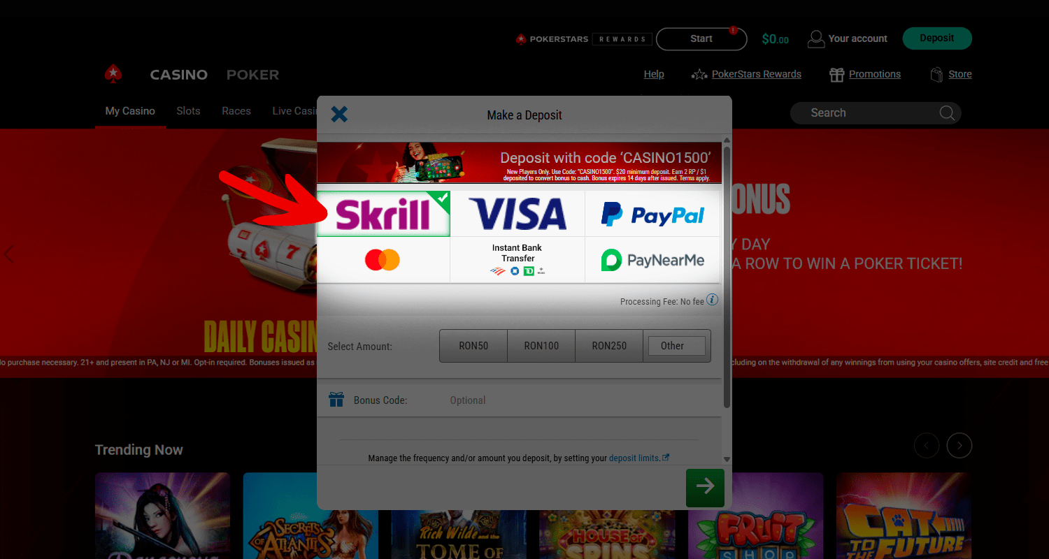 Pentru depozit, selectați Skrill