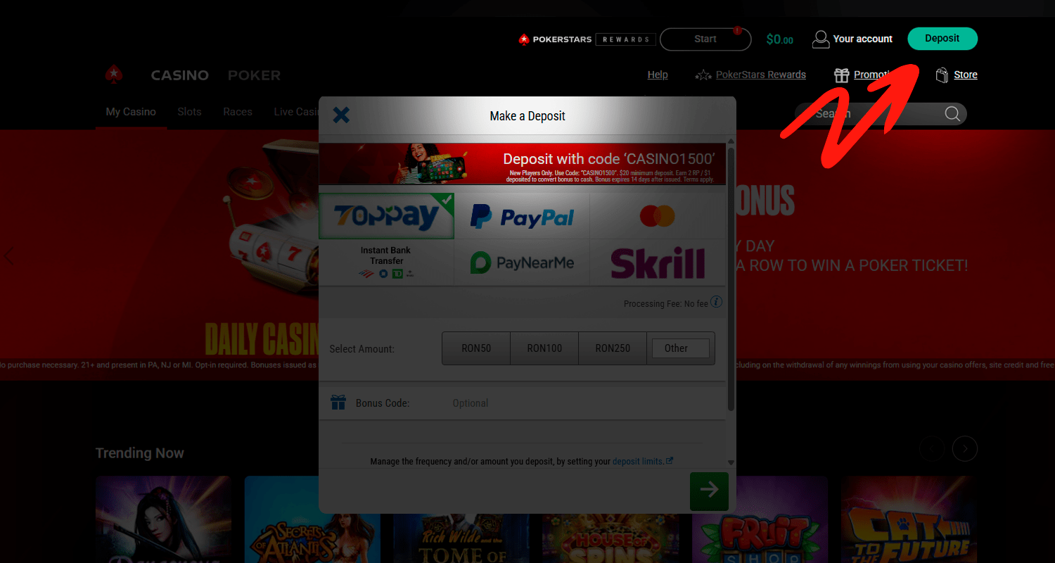 Pentru a vă alimenta contul prin TopPay, faceți clic pe Alimentați