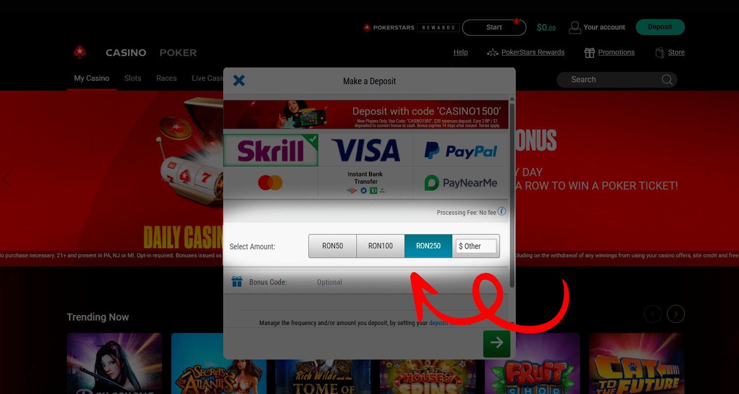 Pentru depunerea prin Skrill Introduceți suma