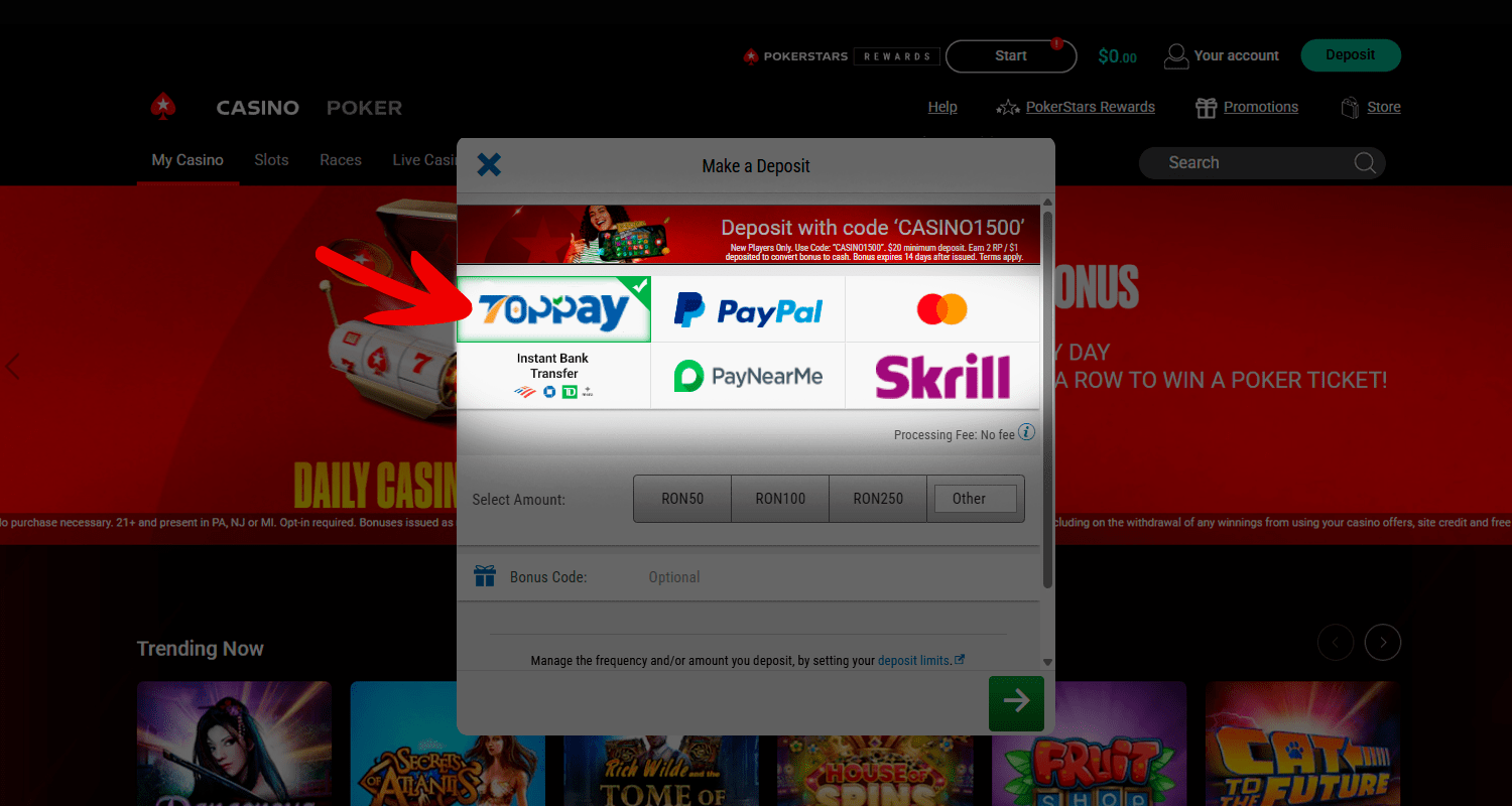 Pentru depozit, selectați TopPay