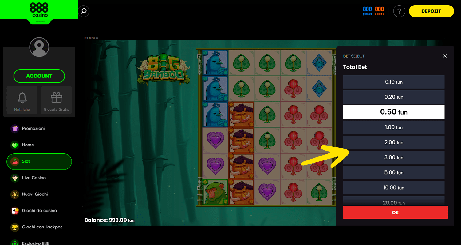 Alege suma pariului tău la sloturile Big Bamboo