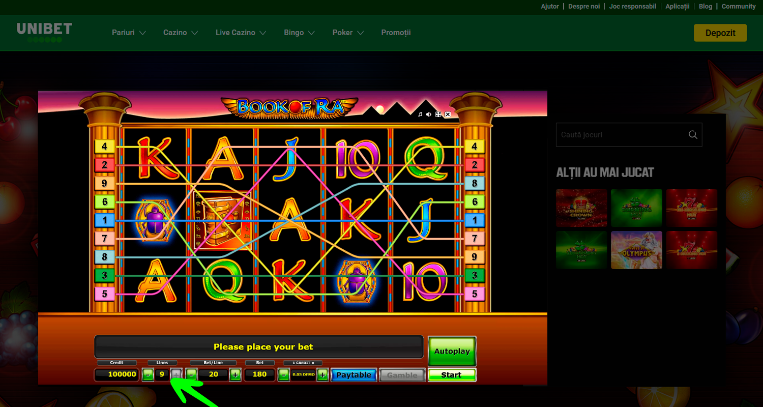 Alege suma pariului tău la sloturile Book of Ra