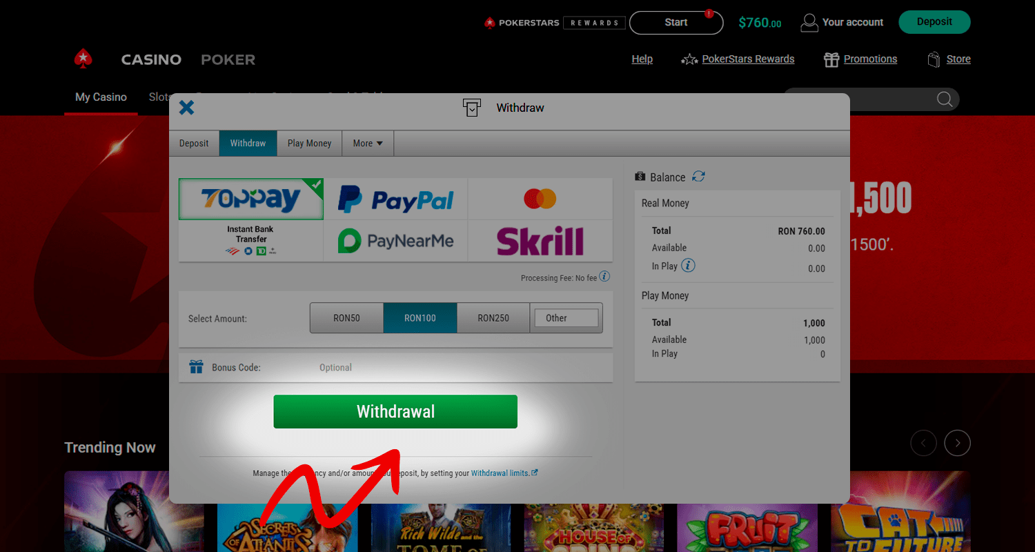 Faceți clic pe buton pentru a retrage fonduri prin TopPay