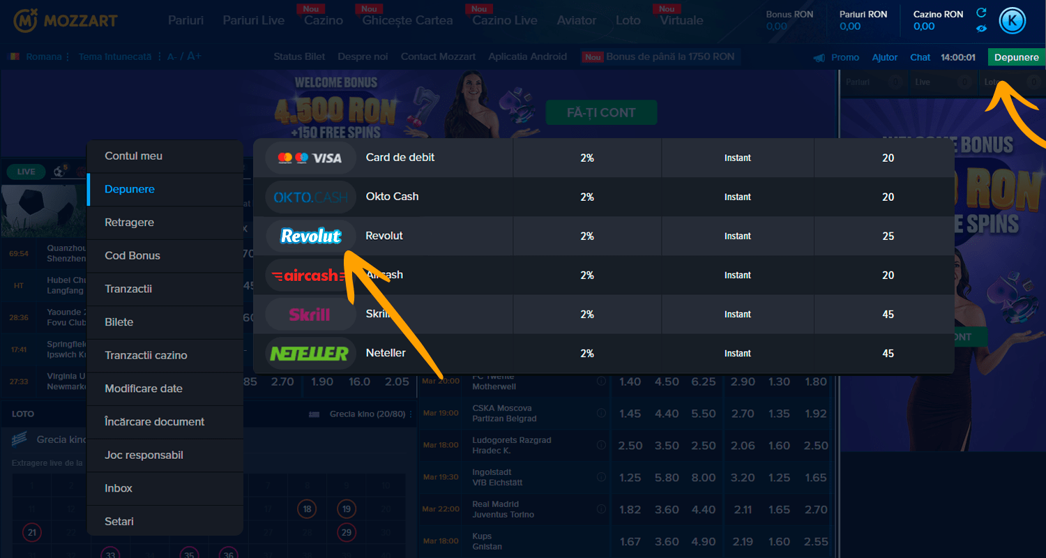 Pentru depozit, selectați Revolut