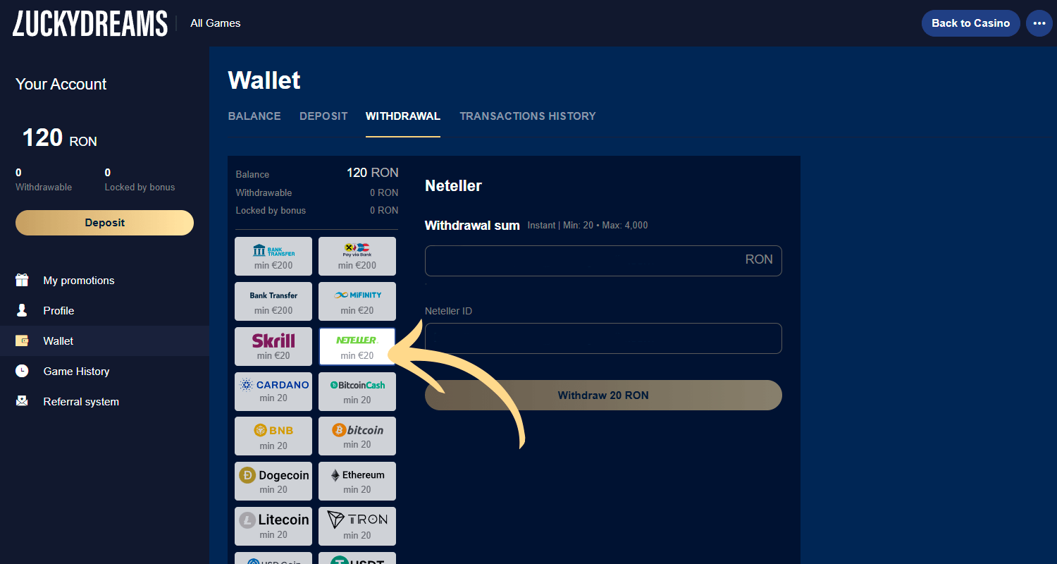 Pentru a vă retrage câștigurile, selectați Neteller