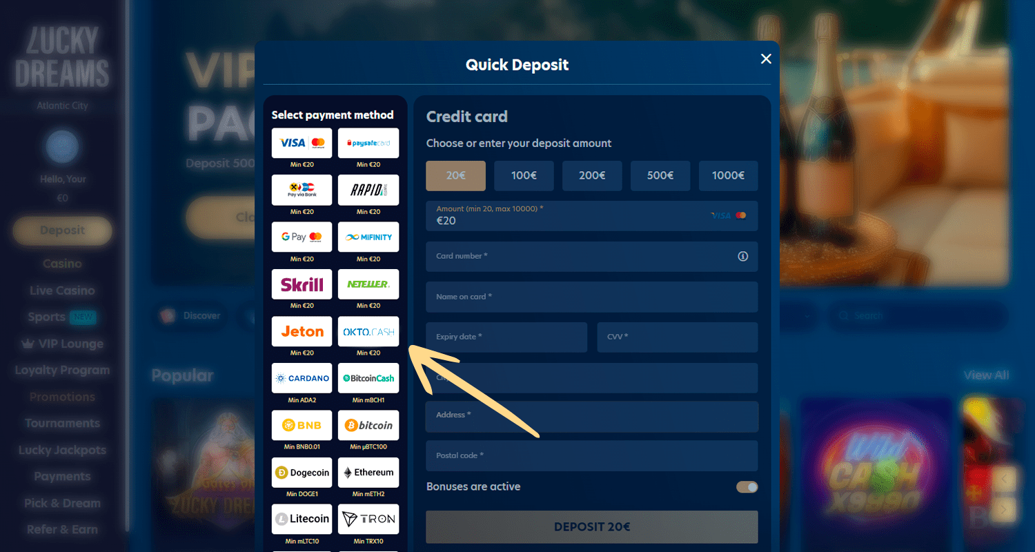 Selectați o metodă de plată prin intermediul Okto.Cash