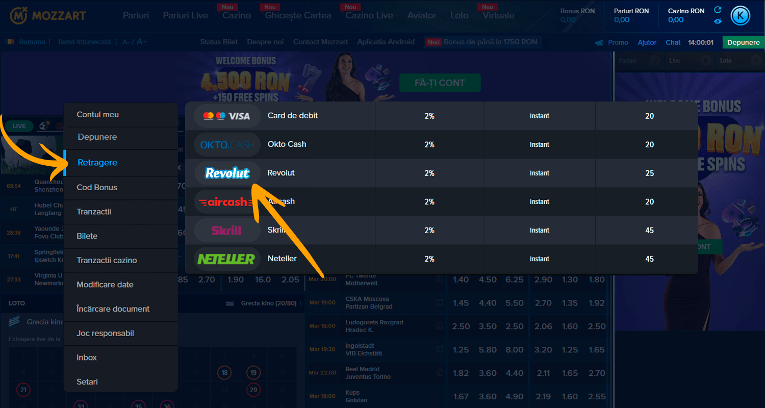 Pentru a vă retrage câștigurile, selectați Revolut