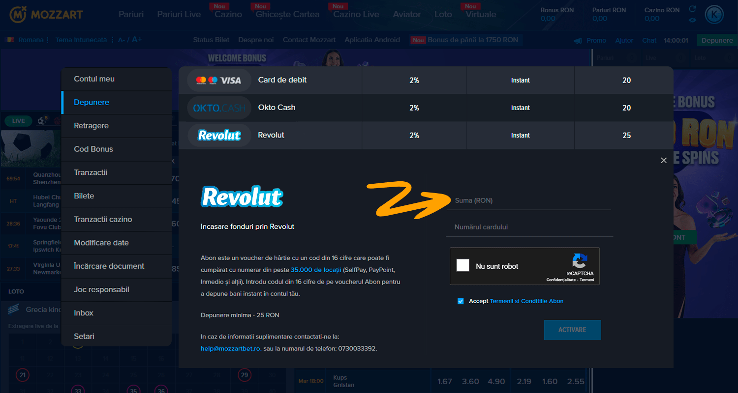 Pentru un depozit cu Revolut, specificați suma