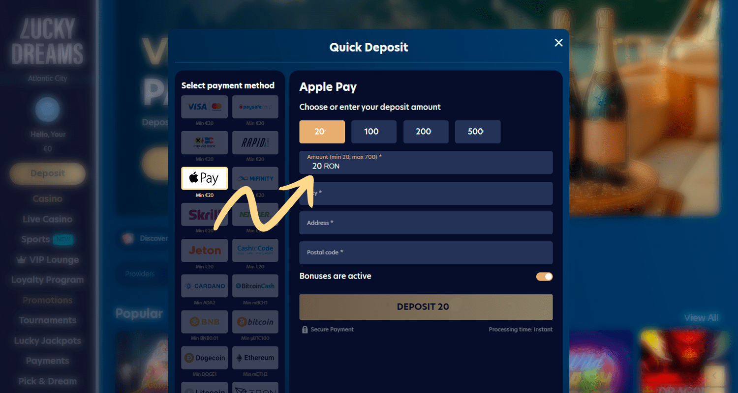 Specificați suma depozitului cu Apple Pay