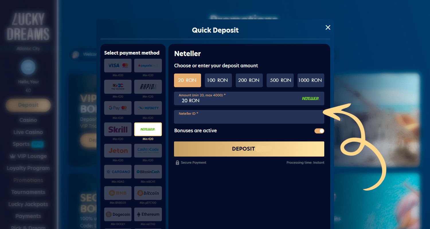 Specificați suma depozitului cu Neteller