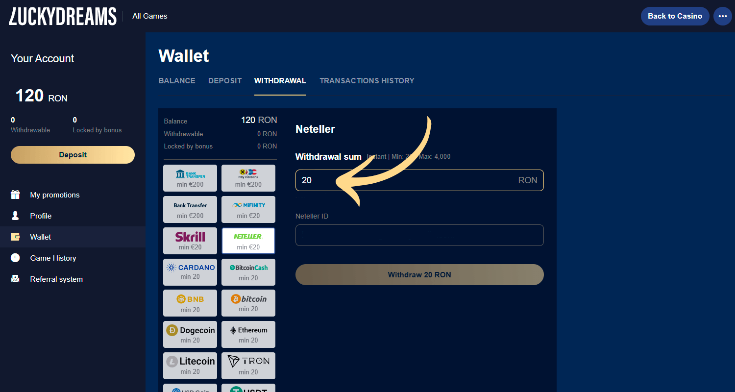 Pentru a retrage Neteller, specificați suma