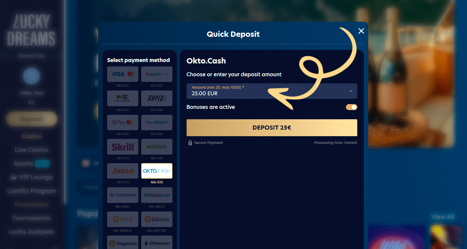 Specificați suma depozitului cu Okto.Cash