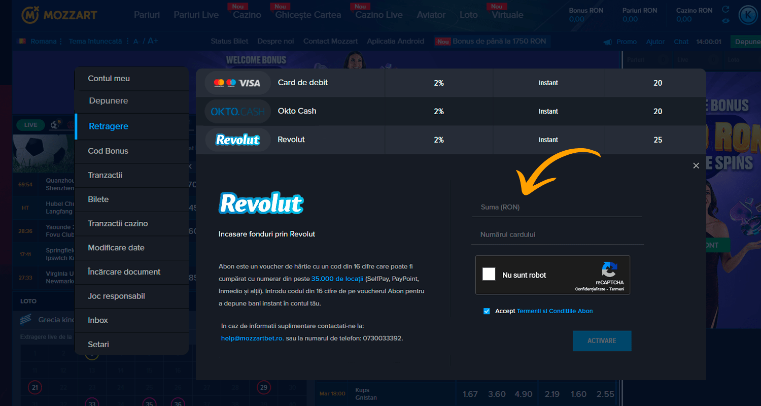 Pentru a retrage Revolut, specificați suma