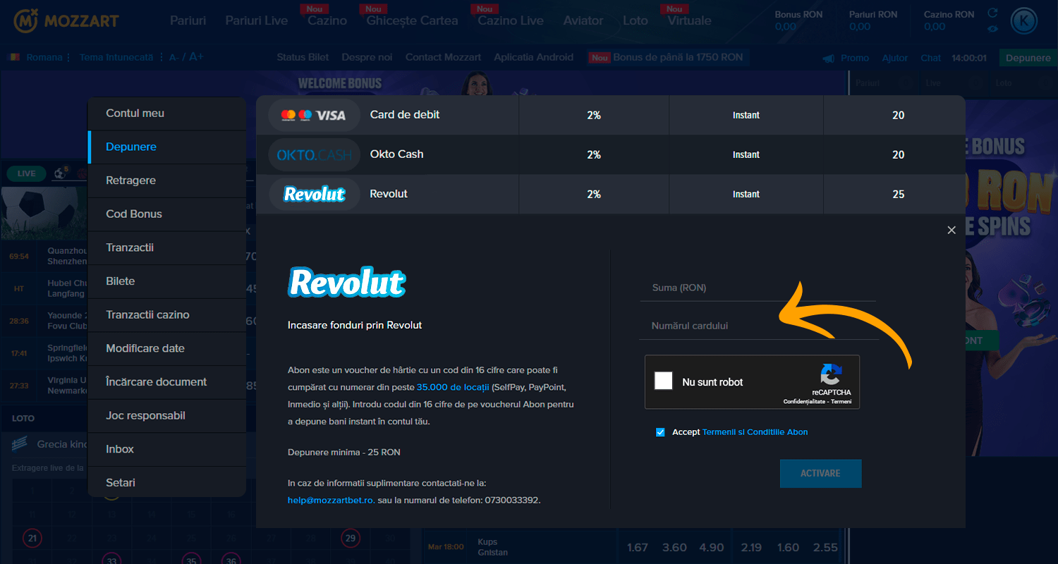 Pentru a depune cu Revolut, specificați cardul