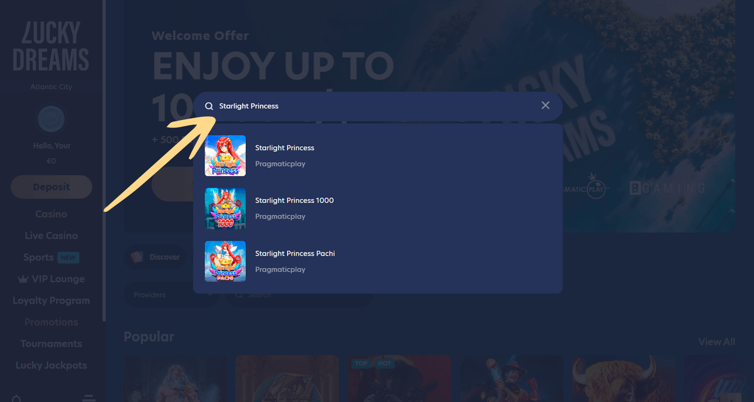 Găsiți Starlight Princess în căutarea dvs. în cazinou