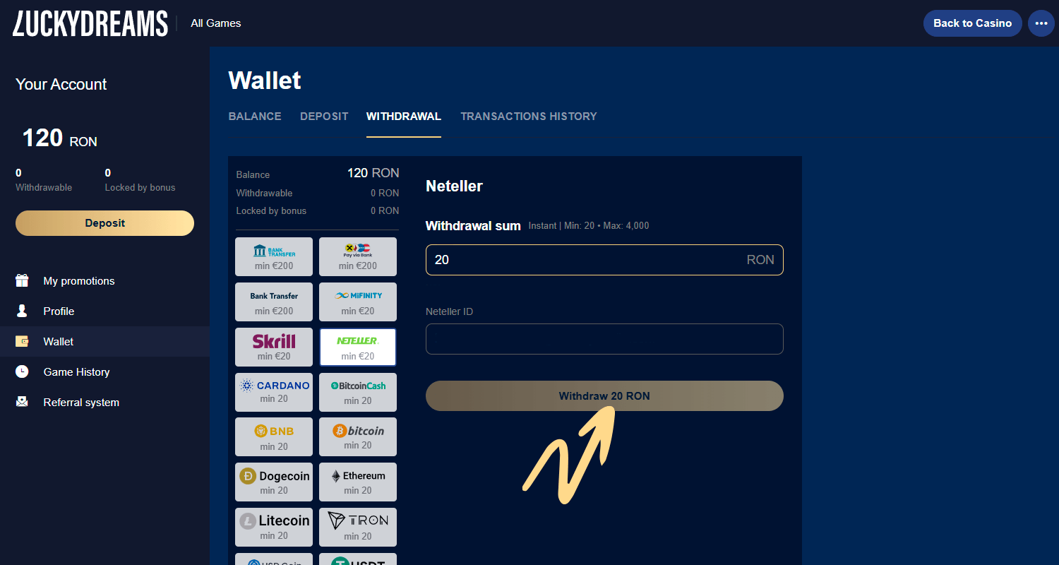 Pentru a retrage Neteller, efectuați o confirmare