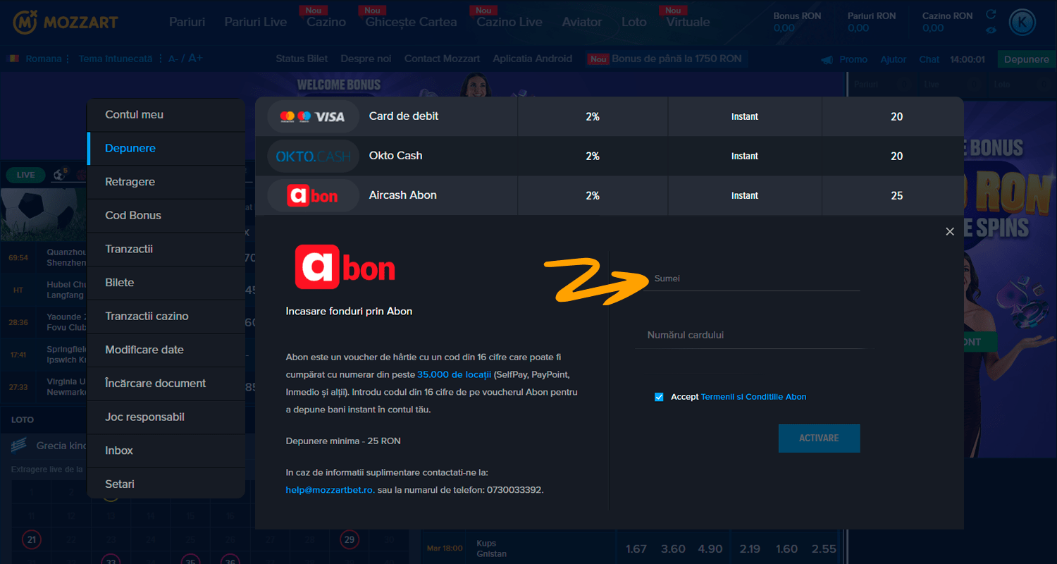 Selectați o sumă de depunere cu Abon