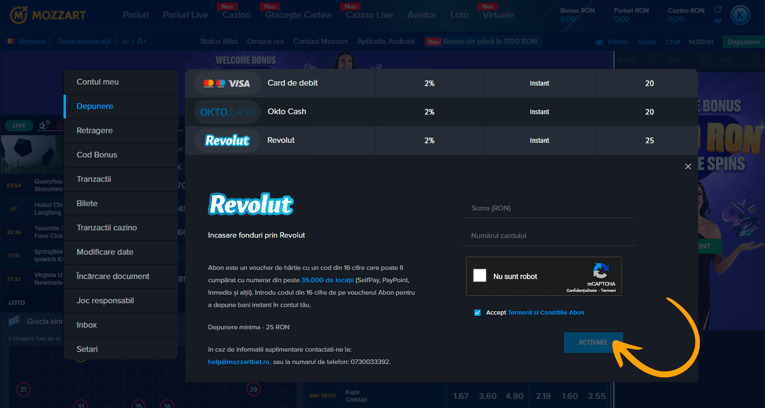 Pentru un depozit cu Revolut, faceți clic pe plată
