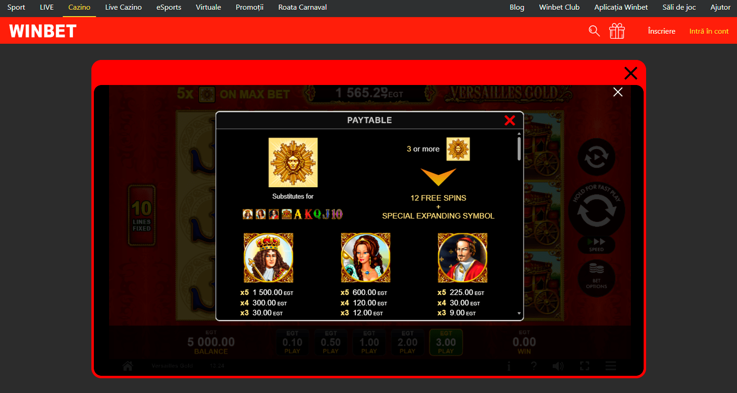 Verificați tabelul câștigurilor din Versailles Gold