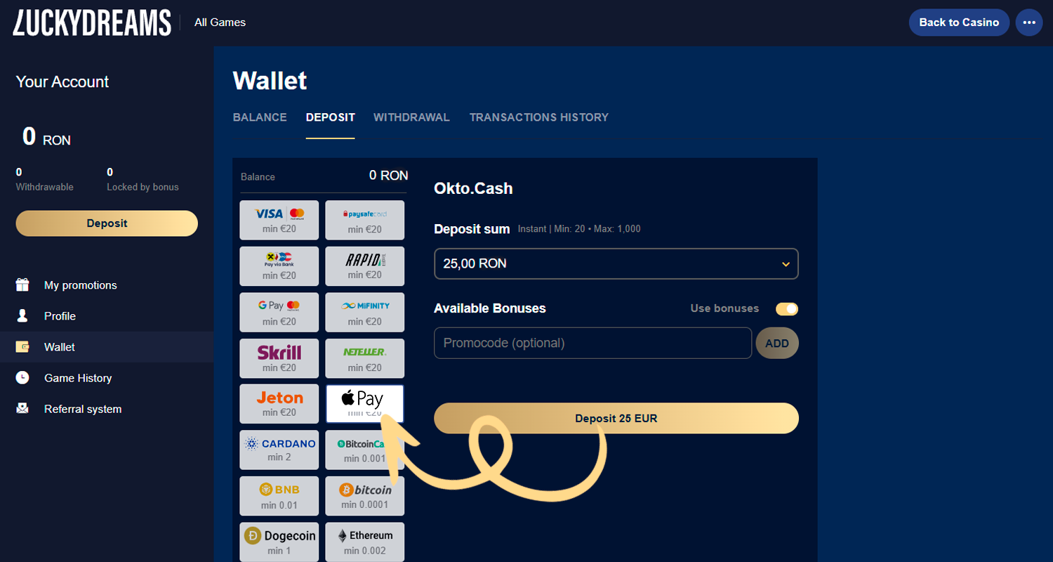 Verificați posibilitatea unui depozit cu Apple Pay